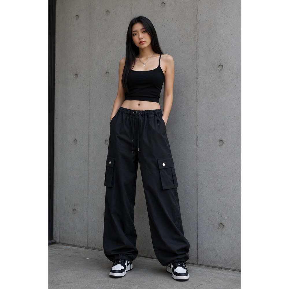 Almost Famous Parachute Pants Junior Sz M Black Elastic Waist Joggers Grunge NWT